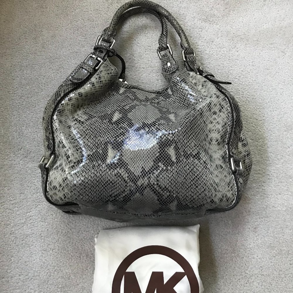 Michael, Michael Kores Snake Print Leather Satchel - Gray/Black